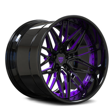 Custom forged purple and black deep dish wheel, ideal for Dodge Charger, Challenger, and Durango.
